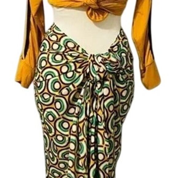 Zara Pareo Sarong Wrap Skirt Front Knot Self Closure Lightweight M Green Yellow - Picture 4 of 16